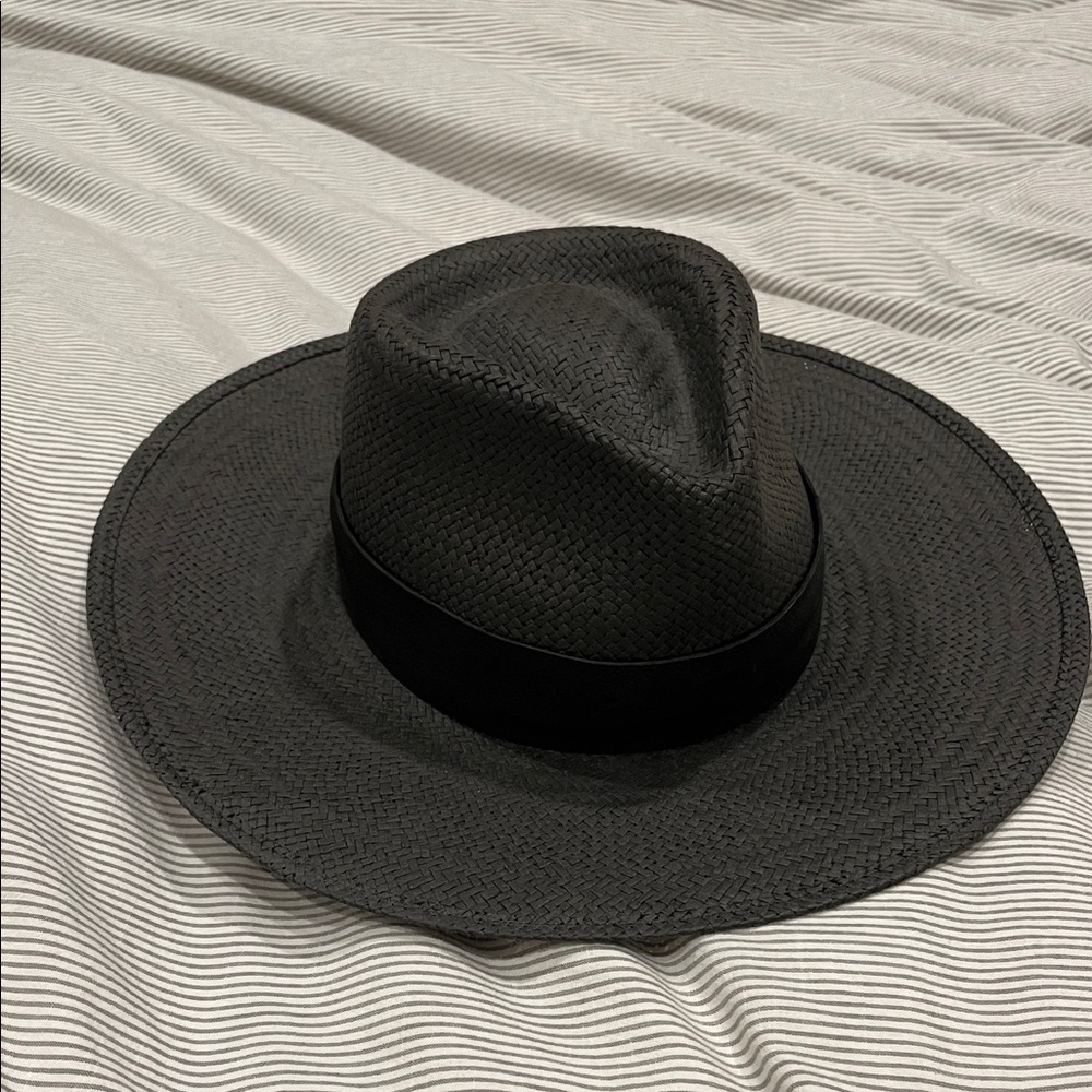 Janessa Leone Rose Black Straw Wide-Brim Hat SZ Large - Picture 3 of 5